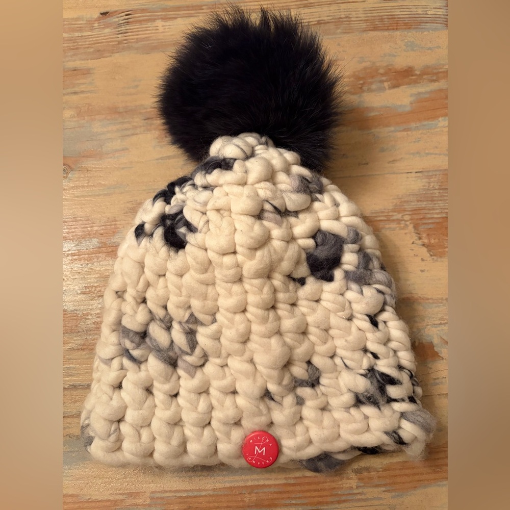 Like new Mischa Lampert beanie pomster black grey and white OS